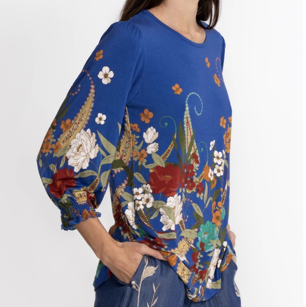 Johnny Was "Tee Bee" Smocked Sleeve Floral Paisley Tee Size S